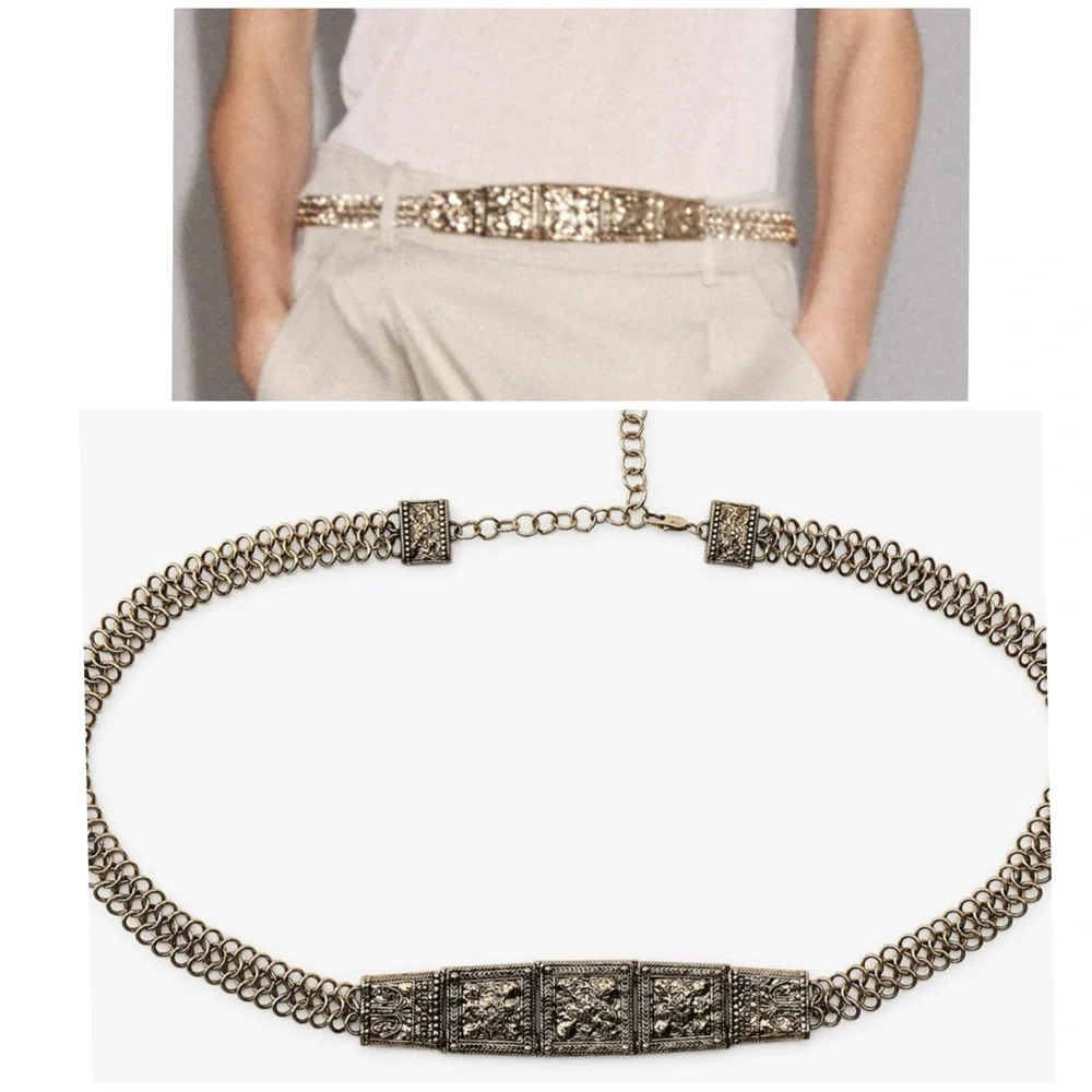 Zara engraved metal piece link belt